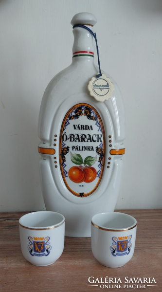 Hollóházi porcelain Várda old peach brandy flask set (with 2 cups)