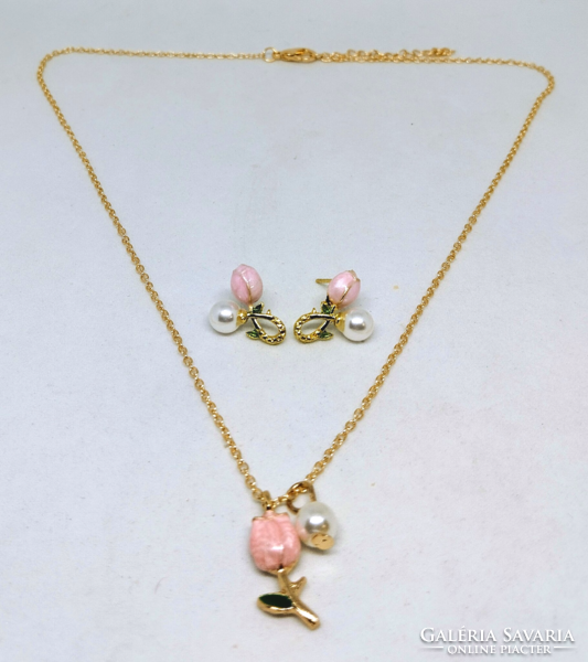 Gold-plated and enameled tulip necklace and earring set 103