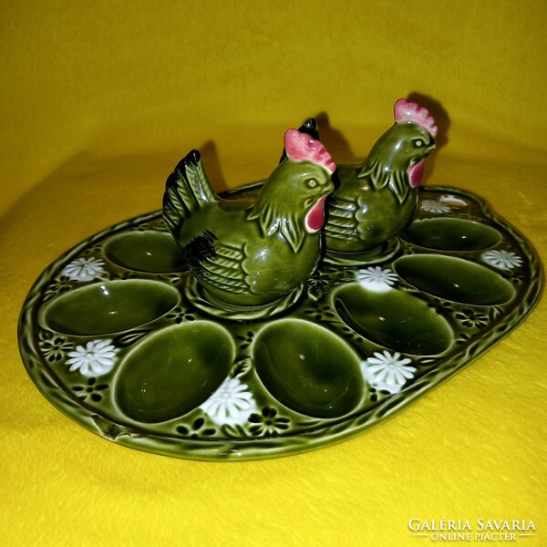 Egg holder, egg offering bowl + 2 chick salt and pepper shakers. Ceramics.