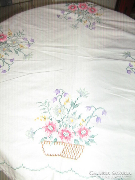 Beautiful tablecloth with bouquets embroidered with small crosses