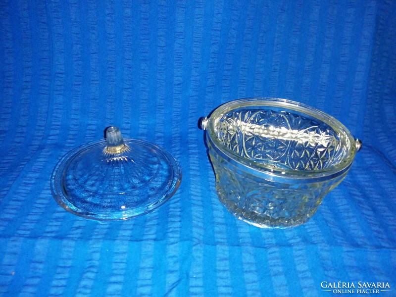 Üveg cukortartó, bonbonier fém fogóval (A4)