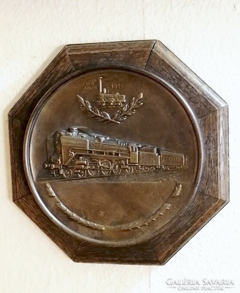 Antique framed bronze plaque with Adler locomotive assembly