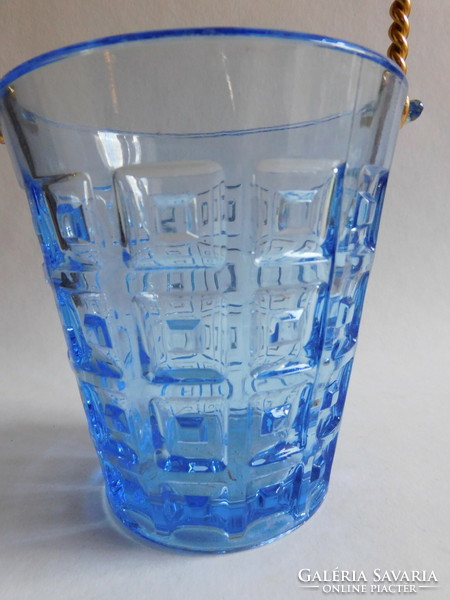 Vintage kék üveg jégtartó vödör fém füllel, geometrikus mintával