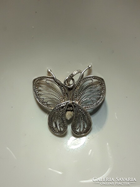 Coral stone filigree silver butterfly pendant