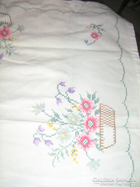Beautiful tablecloth with bouquets embroidered with small crosses