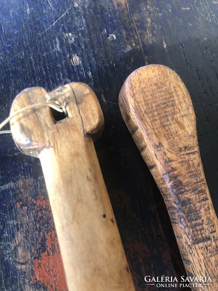 Old large carved wooden spoons, jam mixer, pig butchering accessories, folk antique