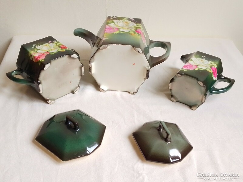 Antique Old Czech Art Nouveau Earthenware Ceramic Tea Set Cup Jug Sugar Bowl Milk Pourer Pink