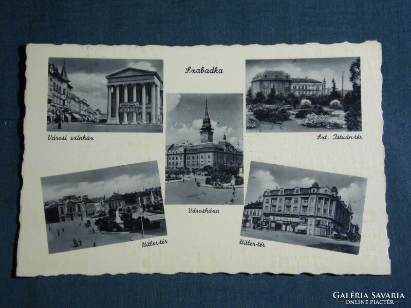 Képeslap, Szabadka, mozaik részletek,városháza,templom,színház,l Hitler tér, 1943