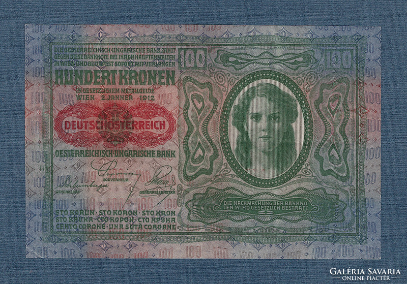 100 Korona 1912 Magyar előlappal Deutschösterreich bélyegzésssel EF
