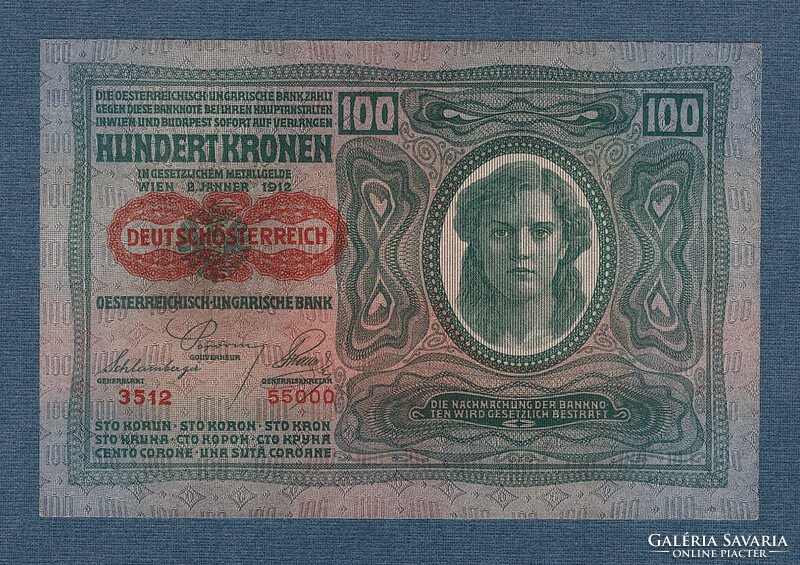 100 Korona 1912 Deutschösterreich bélyegzés Mind a két oldala német nyelvű UNC- aUNC