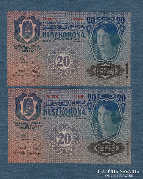 20 Korona 1913 II. kiadás Deutschösterreich bélyegzés   aUNC - UNC Sorszámkövető páros