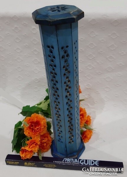 Standing rustic painted blue Indian wood incense holder with openwork pattern and gift incense holder