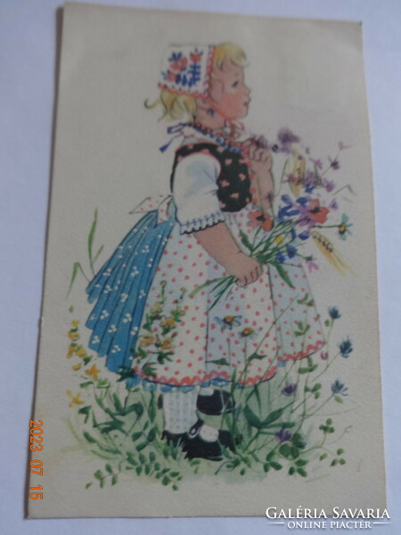 Old graphic greeting card - drawing by Anna Győrffy (1956)