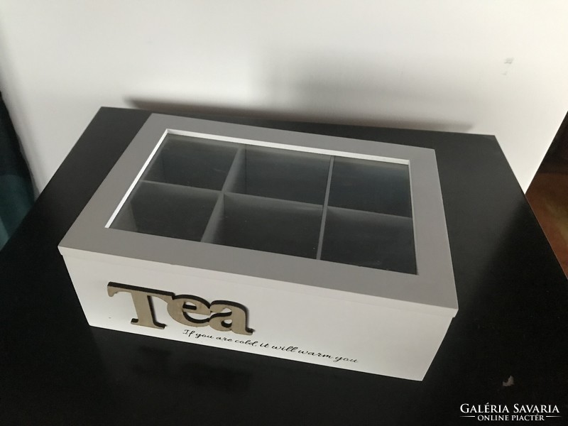 White wooden box with tea label, glass top, 6 compartments - new (12/a)