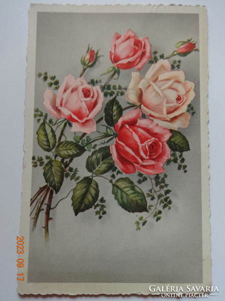 Régi, grafikus virágos üdvözlő képeslap (rózsacsokor)