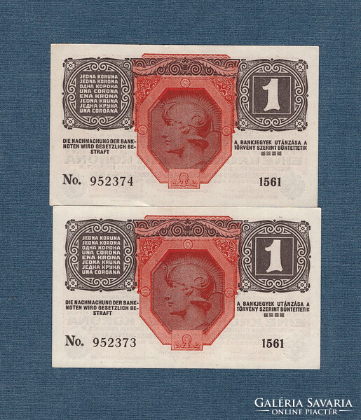 1 Korona 1916 Deutschösterreich bélyegzés   UNC 2 db sörszám követő Páros
