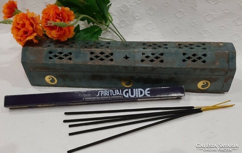 Rustic painted turquoise Indian wood incense holder with copper yin-yang symbols and gift incense holder