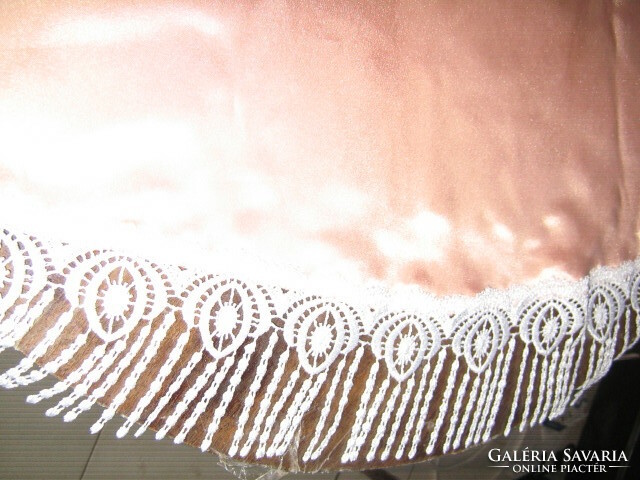 Beautiful peach pink round silk tablecloth with lace fringed edges