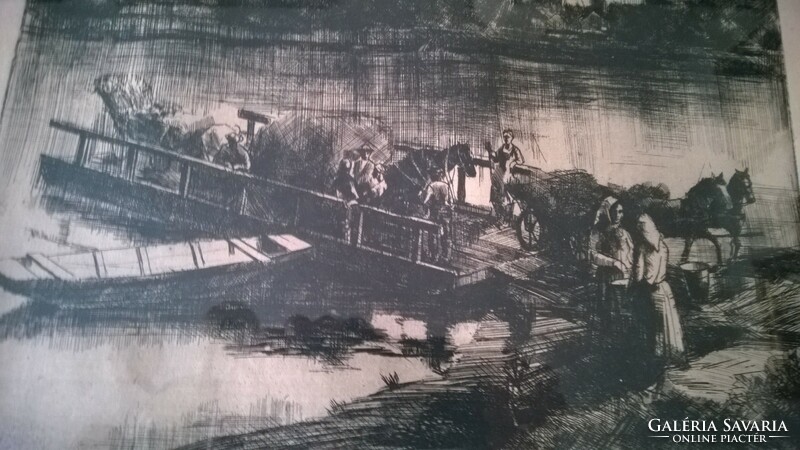 Crossing the Tisza sign. Etching 37x46 cm, good condition, framed.