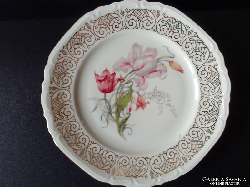 Aranyozott tavaszi virágos porcelán tányér