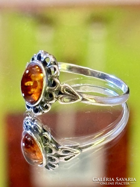 Antique silver ring with amber inlay