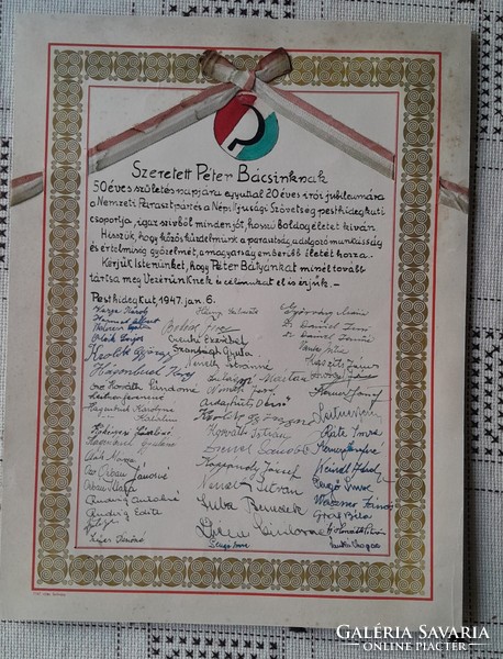 A large commemorative card for the writer Péter veress, president of the National Peasants' Party