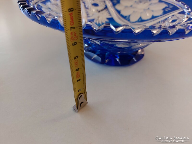 Régi ólomkristály talpas tál kék csiszolt virágmintás kristály gyümölcskínáló 21 cm