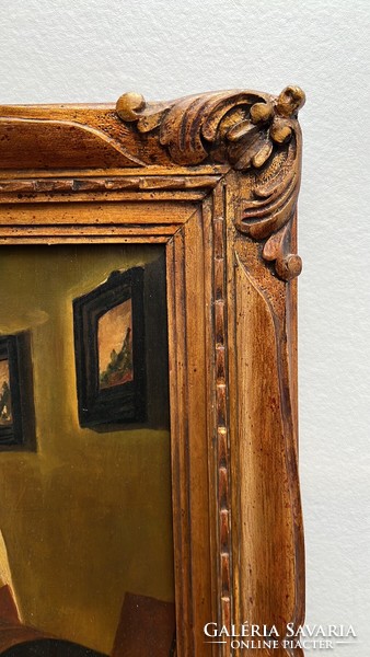Oil painting on wooden panel in a decorative wooden frame after the Dutch genre painter Pieter de Hooch