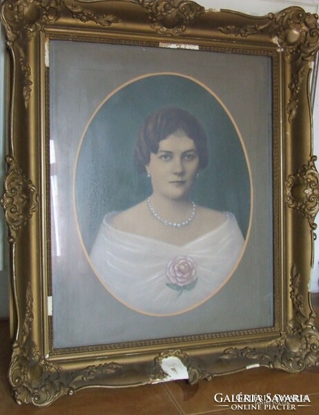 Old, antique large art nouveau lady, female portrait photo, colored, painted picture - personal collection only