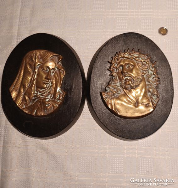 2 Old bronze relief wall pictures of Jesus and the Virgin Mary