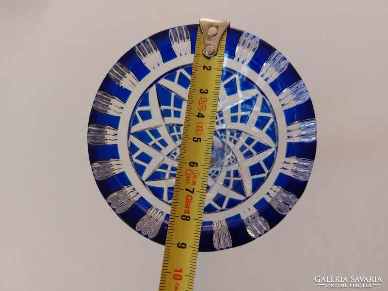 Régi ólomkristály talpas kék kis váza kristály gyertyatartó 12.5 cm