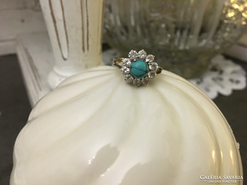 Margaret style, old silver ring with turquoise in the middle and zirconia stones around