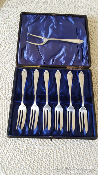 Art deco silver plated set - 6 cake forks with two pronged serving forks