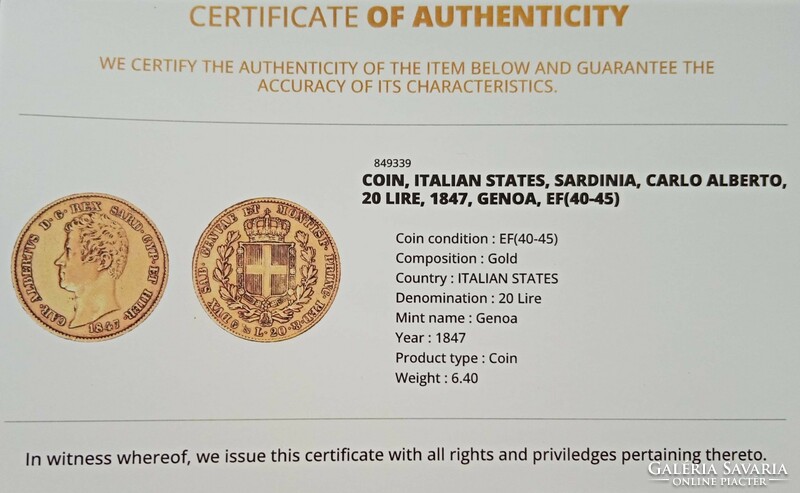 Carlo Alberto ARANY 20 líra (1847) - Olasz államok - Szárd-Piemonti Királyság - certifikációval