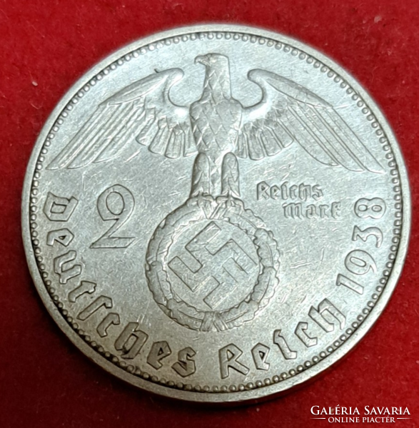 Horogkeresztes ezüst birodalmi 2 Márka 1938. F. (13)