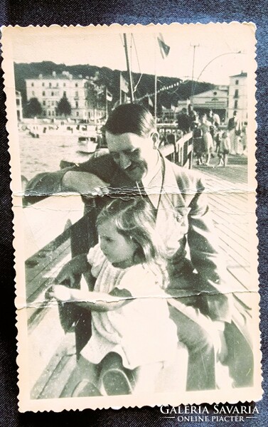 Approx. 1939 Adolf hitler führer German empire dictator + little girl stamped propaganda photo
