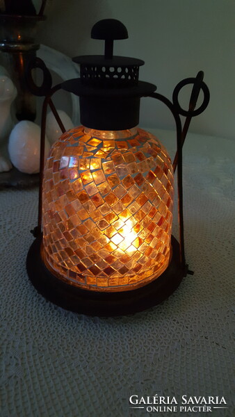 Decorative glass mosaic metal lantern and candle holder