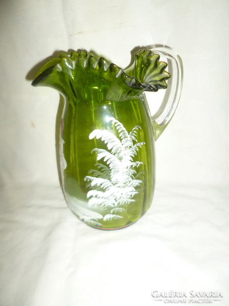 Antique green blown fluted glass broken jug with a boy figure