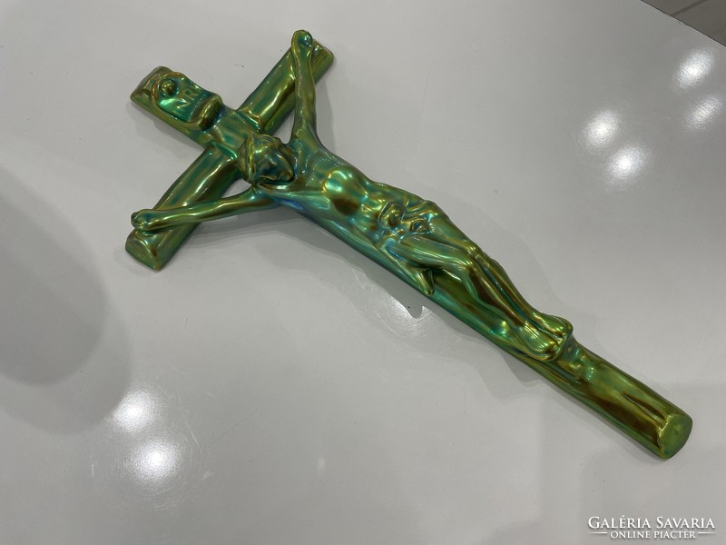 Zsolnay eozin large cross crucifix porcelain ecclesiastical Jesus Christ