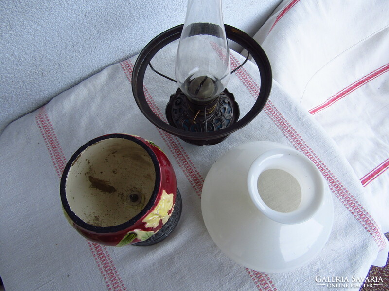 Art Nouveau majolica table kerosene lamp, milk glass shade, restored