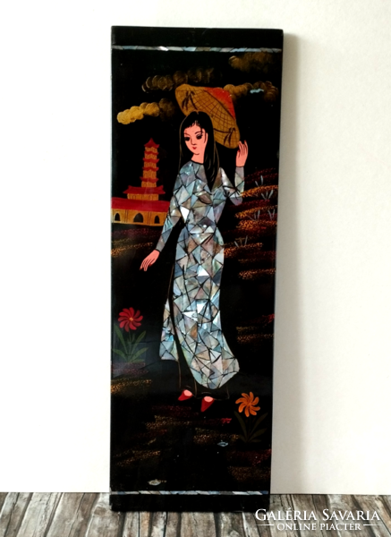 Old beautiful hand-painted oriental lacquered wood wall picture with shell inlay