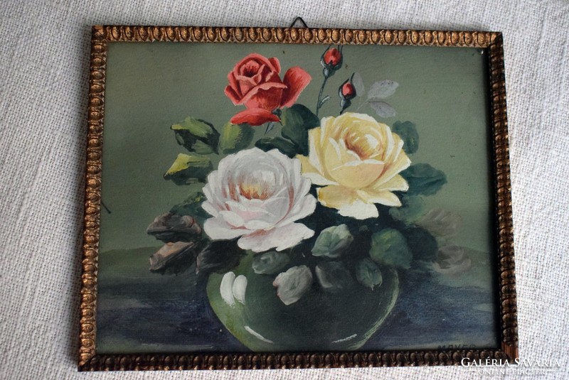 Rózsák vázában csendélet , MAYER B. , tempera , papír 26,5 x 21 cm , 50-es évek