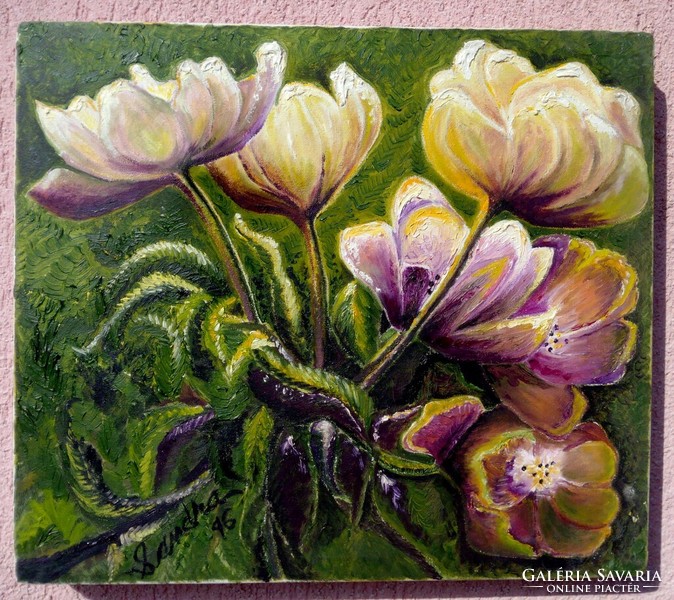 Fantasy flowers by Sandra, modern impresszionista stílusú feszített olaj-vászon festmény