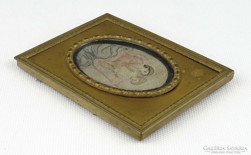 1Q727 antique mother and child in a small needle tapestry in a copper frame