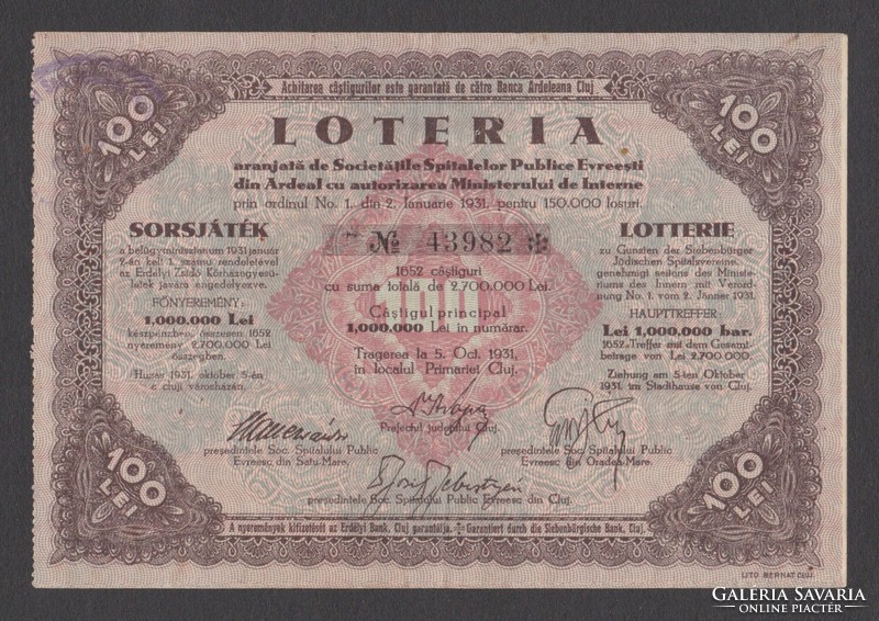 100 Lei, Sorsjegy felülnyomással, Erdélyi Bank, 1931 (EF) (bélyegzett)