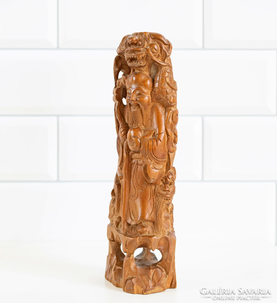 Antique Chinese statue, wood carving - one of the eight immortals - devotional figure, lucky, auspicious