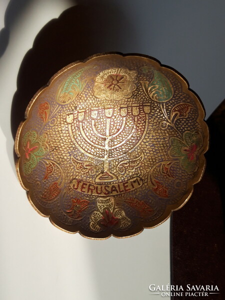 Jerusalem - inscribed copper bowl with menorah decoration