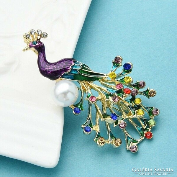 Fire enamel peacock brooch with pearls.