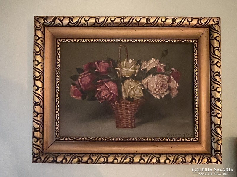 Dénes Mesterházy: roses oil on cardboard painting 23*32