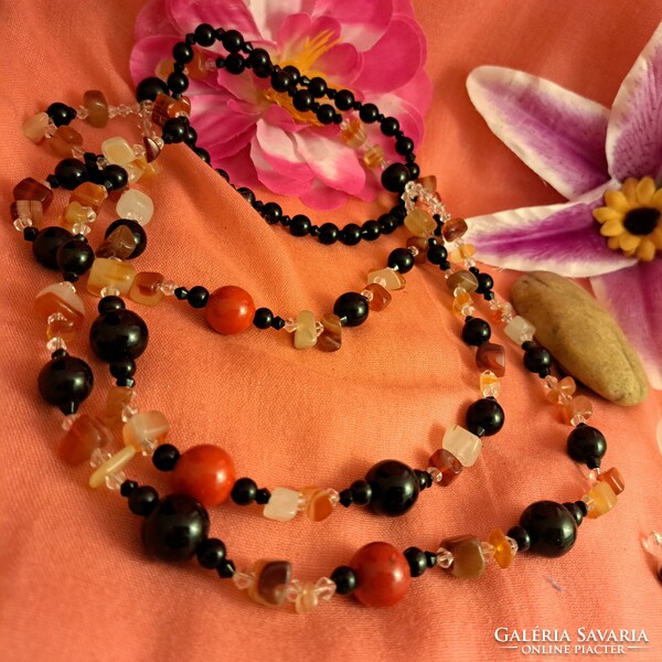 Carnelian and glass 3-row necklaces